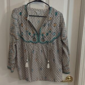 Lucky‎ Brand Teal and Yellow Embroidered Blouse